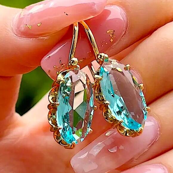 Gold Austrian Crystal Leverback Earrings for Women 18K Gold Plated Dangle Hoop - Picture 1 of 6